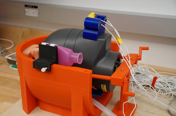 A prototype of the device Bayly designed to shake volunteers' brains, with a model of a human head inside. Under the head, a small air-filled pillow is vibrated by a speaker while an MRI machine captures images of the brain as it moves.