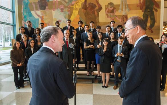 Mark Wrighton introduces then–UN Secretary-General Ban Ki-moon to the students of the McDonnell International Scholars Academy during a 2016 trip to the United Nations in New York. Photo by Joe Angeles