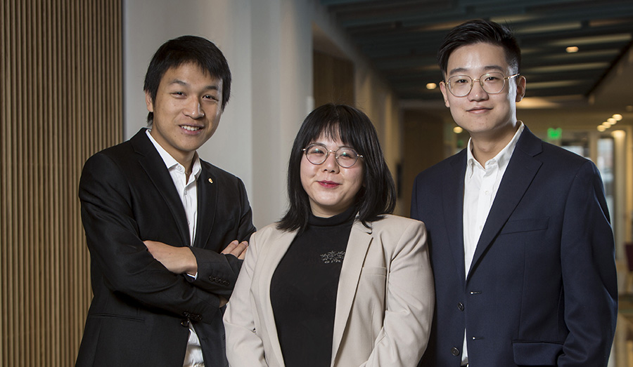 (From left) Xiangjun Peng, Lin Liu and Yuan Hong make up the first dual PhD cohort from Xi'an Jiaotung University. The students were the first to be accepted into the dual-degree program at WashU. (Photo: Jerry Naunheim Jr./Washington University)