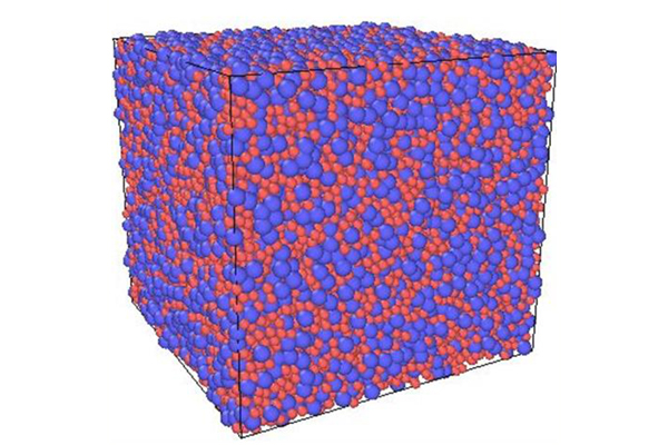An atomic structure of a simulated liquid consisting of 65% copper (Cu) atoms and 35% Zirconium (Zr) atoms.