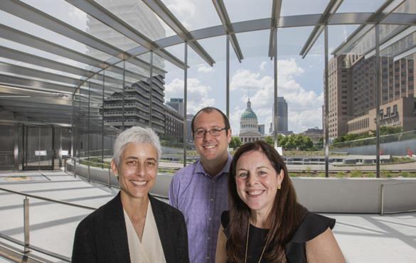 Three alumni — (from left) Anna Leavey, Eric Moraczeswski and Sarah Melinger — work for the Gateway Arch Park Foundation, which joined public and private organizations in a multi-year effort to refurbish the museum and grounds.