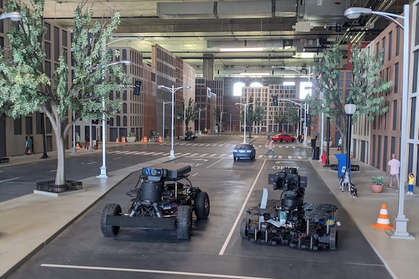 Yiannis Kantaros studies teams of autonomous robots working collaboratively in the Washington University Miniature City (WashU Mini-City), constructed in McKelvey Hall. (Photo: Yiannis Kantaros)