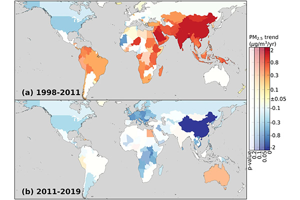 Randall Martin and Chi Li found a general reversal of trends in PM2.5 air pollution around the world. These maps show trends in population-weighted PM2.5 for 204 territories from 1998-2011 and 2011-2019. (Credit: Martin lab)  