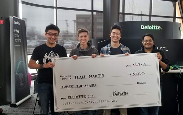 Yiheng Yao, Patrick Naughton, Ryan Xu and Pranav Maddula with their prize after placing first at the competition.
