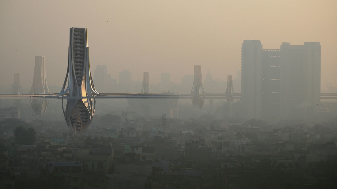 A rendering of a smog-filled Delhi with 328 feet-high filter towers. The award-nominated proposal, called "The Smog Project," is a provocative look at how the city could alleviate its pollution problem.Znera Space & R-Code