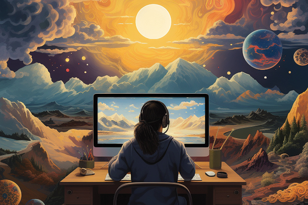 Image created using Midjourney, a generative AI program that creates images based on text prompts. Text prompt: Colorful illustration of a student at a computer using Midjourney to create a beautiful image. All illustrations in this story were a partnership between human and artificial intelligence. 